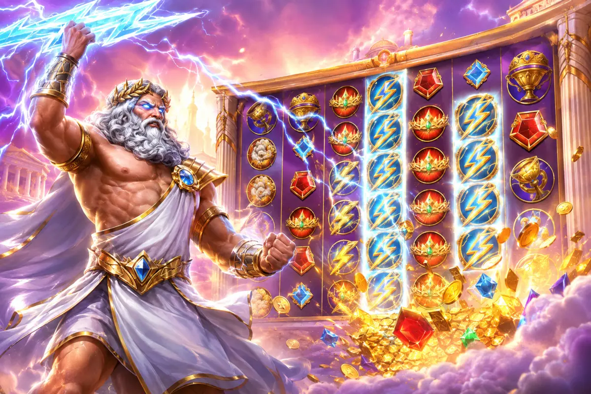 Zeus and lightning feature symbols on a Gates of Olympus style reel set