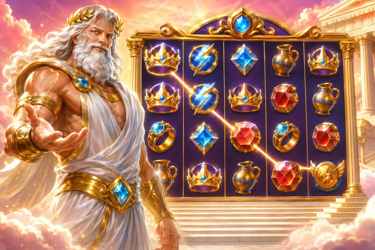 Zeus presenting a Gates of Olympus style reel set